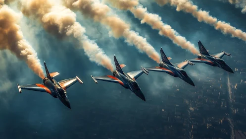 Four jet pilots carve glowing smoke trails across the sky