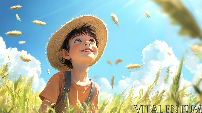 Sunlit summer day with a joyful child in golden fields.