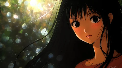 Backlit anime portrait with luminous bokeh atmosphere.