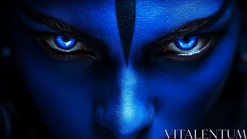 Close frontal view of blue-skinned humanoid face.