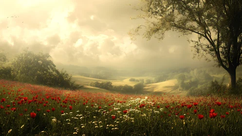 Sunlit poppy kingdom bathing in dreamy golden haze.