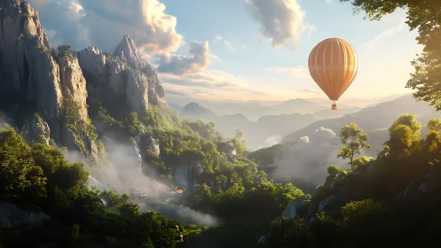 Sunny hot air balloon drifting above peaceful green valley.