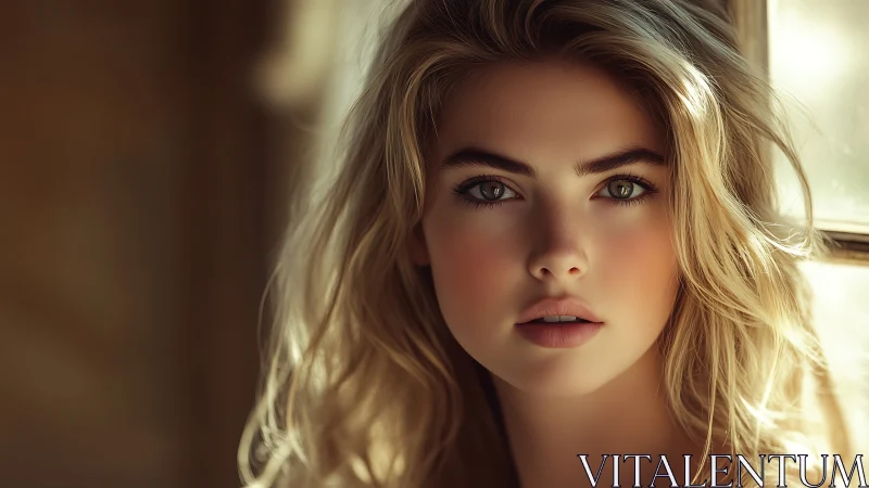 Soft window light defines blonde woman portrait in closeup