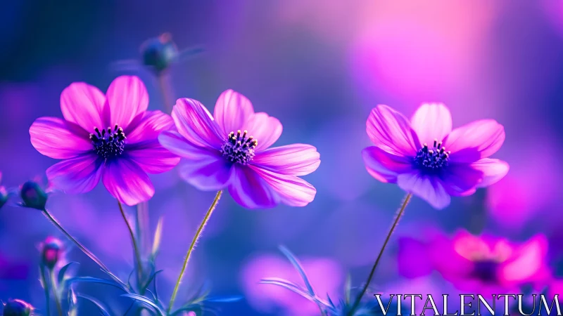 Magenta Dreams: Glowing Cosmos Flowers in Purple Light.