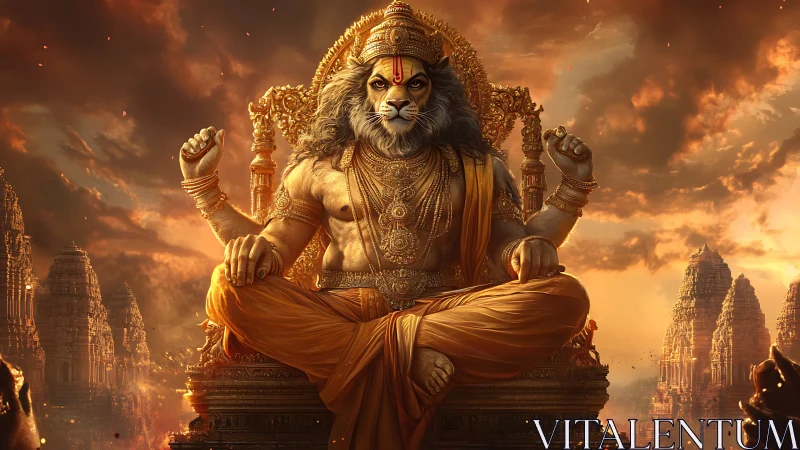 Lion-headed deity seated on golden throne amid temples.