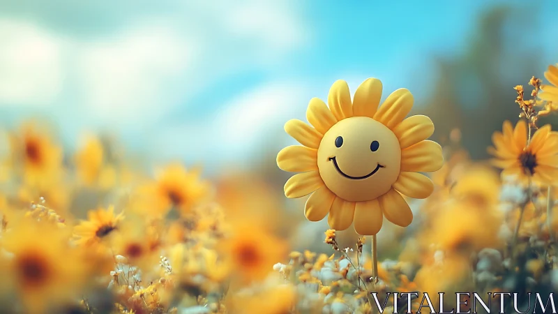 Smiling sunflower face prop in yellow flower meadow.