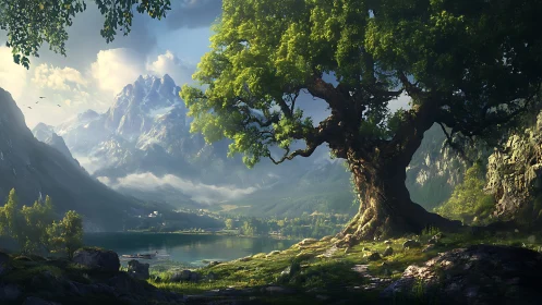 Sunlit ancient tree welcomes a tranquil mountain valley lake