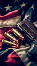 Polished bullets and pistol resting on a weathered flag.
