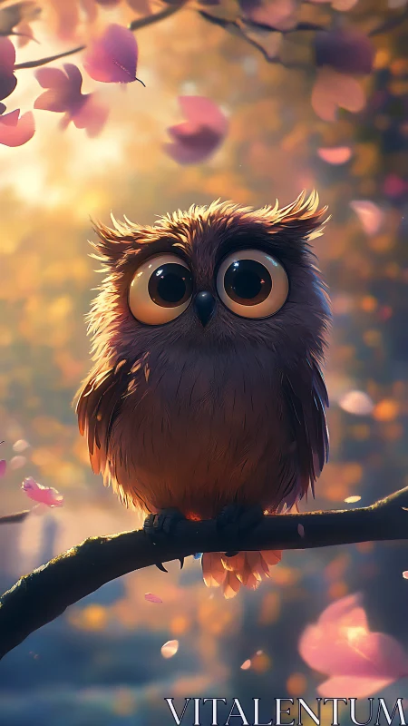 Gentle dusk owl with curious eyes and drifting petals.