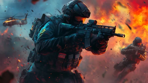 Tactical special forces assault amid urban fireball detonation