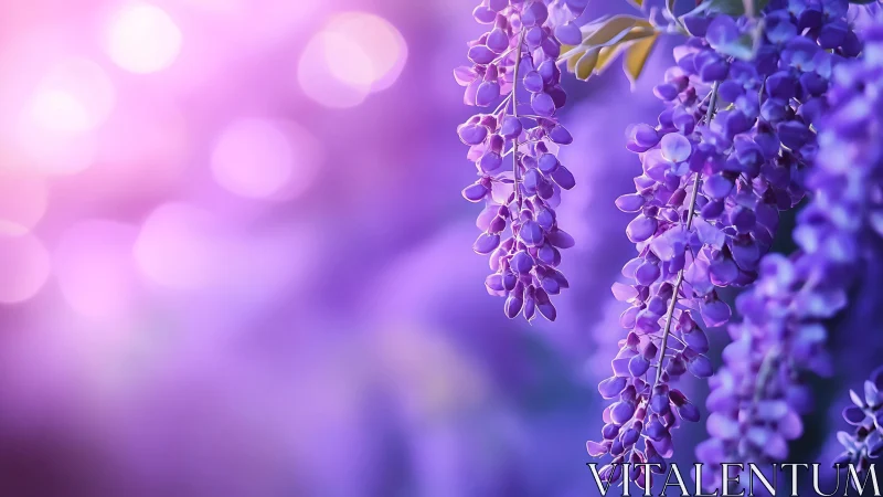 Purple Wisteria Blooms Against Soft Bokeh Light.