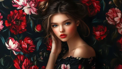 Digital portrait of young woman posed against red florals.
