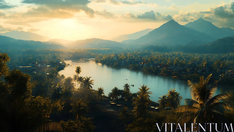 Sunlit tropical river valley extends between distant mountains