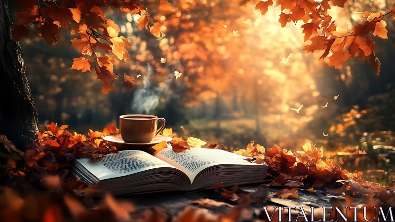 Story-soaked leaves cradle coffee steam in autumn hush