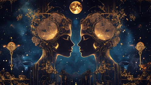 Symmetrical lunar goddesses in celestial circuit filigree.