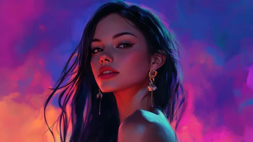 Woman in side-lit portrait against vibrant gradient sky.