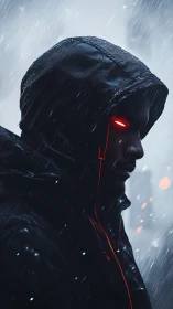 Rain-soaked cyber sentry sharpens his crimson midnight gaze