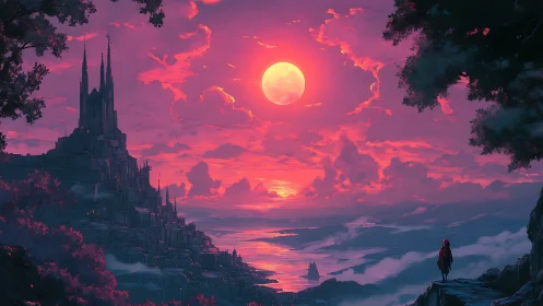 Red moon over coastal fantasy city and lone observer.