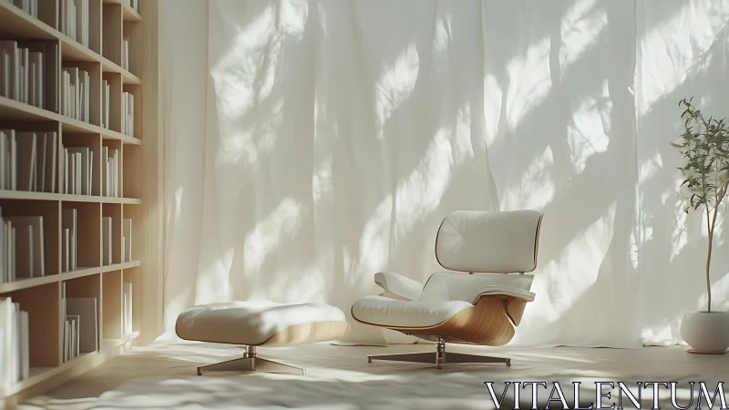 Minimalist reading lounge with white Eames chair and ottoman.