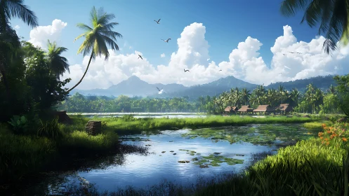 Palm trees trade secrets with quiet water under cloud towers