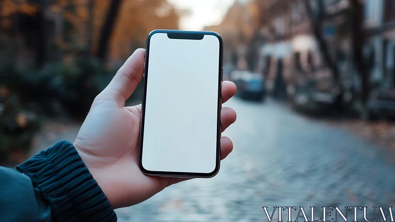 Hand holding smartphone with blank display outdoors.
