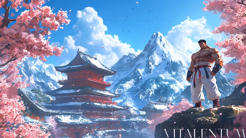 Martial artist overlooks snow temple amid cherry bloom.