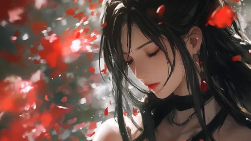 Female profile in soft-focus red petals environment.