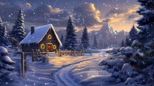 Snowlit cabin dreams under twilight-kissed winter mountains.