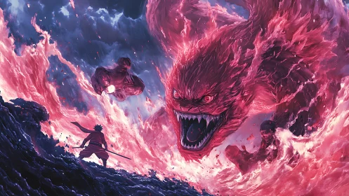 Volumetric inferno beast confronting lone sword wielder.