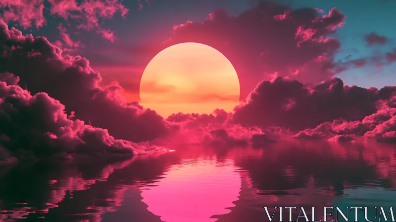 Hyperreal magenta sunset sphere behind clouds over calm water