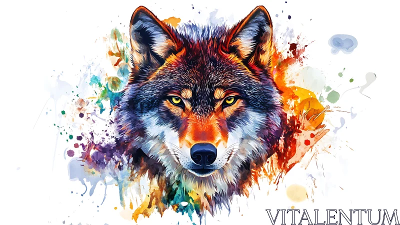 Watercolor wolf portrait with expressive chromatic splatter design.