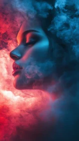 Side profile portrait in red and blue neon smoke glow.