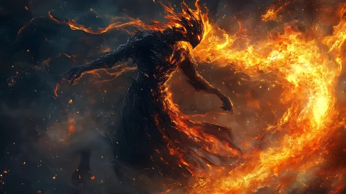 Volumetric pyro-elemental entity sculpted in turbulent flame fields.