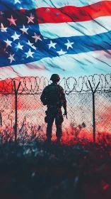 Silhouetted soldier confronts barbed fence under vast US flag