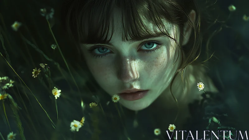 Freckled girl&rsquo;s luminous gaze pierces a shadowed meadow dream