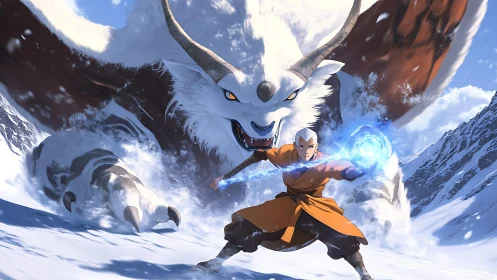 Shaved‑headed monk and large beast crossing snowy valley.