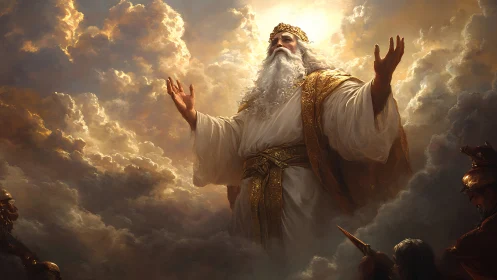 Cloud-crowned sky king commands storms with radiant calm