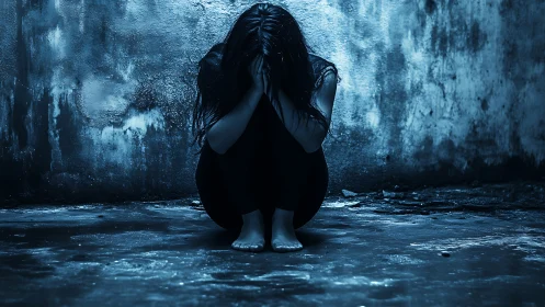 Distressed woman crouching in dark, moody urban setting, cinematic style.