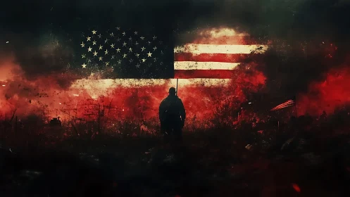 Lone figure stands before a glowing battle-scarred flag.