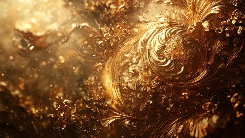 Golden fractal swirl forms dense metallic abstract vortex