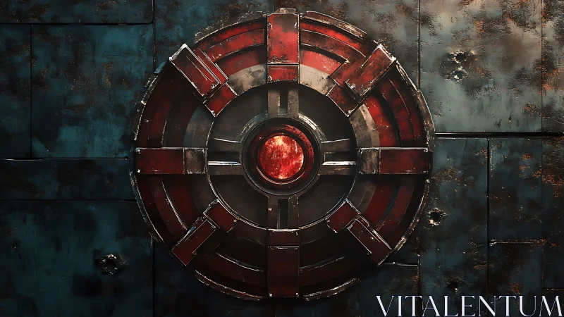 Heavily weathered circular mech hatch with red illuminated core