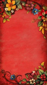 Floral Border Design on Red Textured Background.