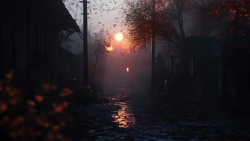 Foggy autumn alley under crimson sunset reflection glow.