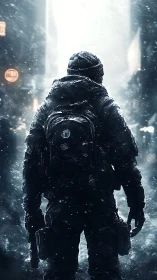 Lone winter wanderer crossing a storm lit city canyon.