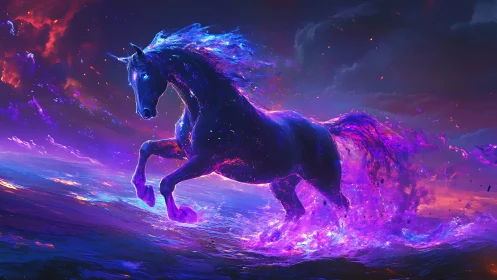 Cosmic neon stallion surging through radiant astral surf.