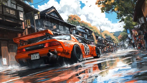 Turbocharged drift car in rainy traditional Japanese street