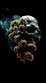 Skull entwined with smoky cannabis buds in stark contrast.