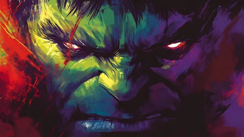 Intense close up of glowing eyed green comic character.