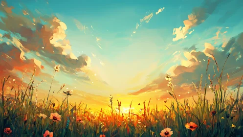 Sunlit wildflower meadow rendered in expressive digital brushwork