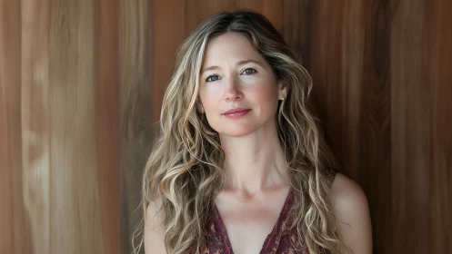 Portrait of a woman with wavy hair against wooden background.
